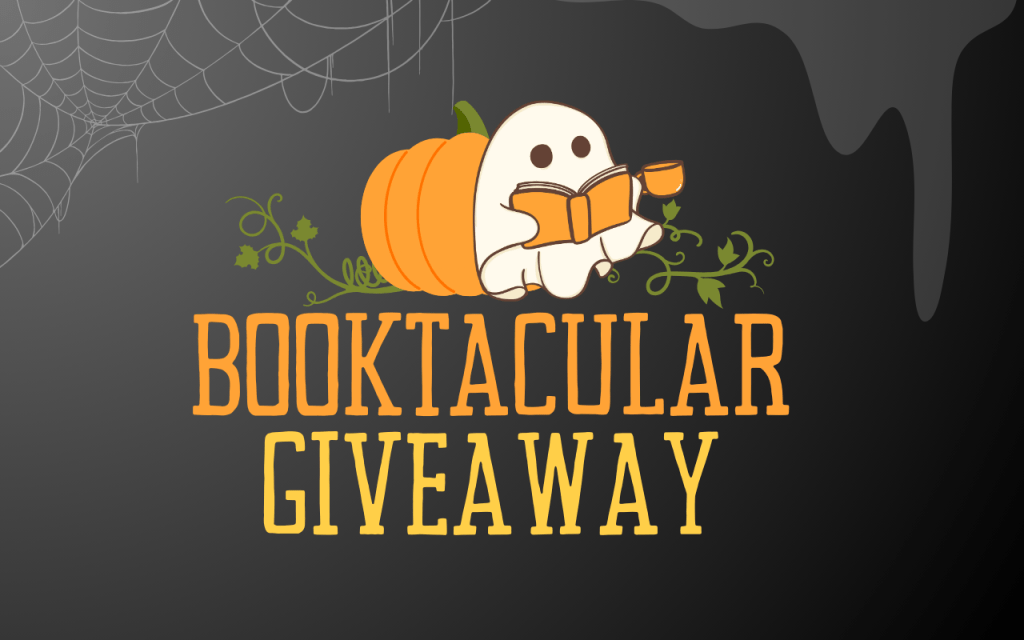 Ghost reading book and drinking warm beverage against a pumpkin. Text: Booktacular Giveaway.