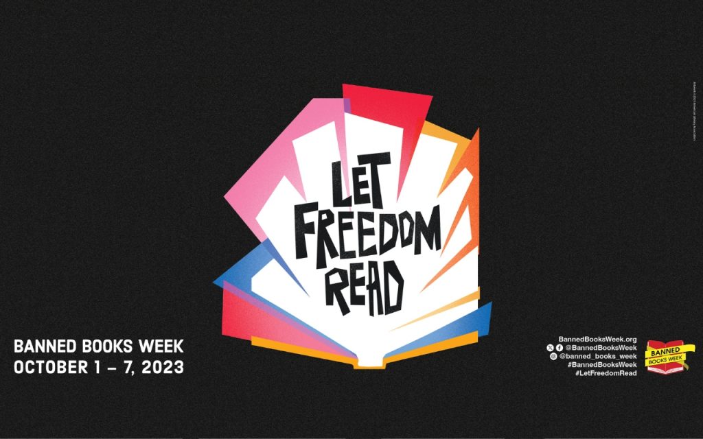 让自由阅读带有一本打开的书的标志，书页上发出红色、粉色、黄色、蓝色和橙色的光芒。文本：禁书周，1 年 7 月 2023 日至 XNUMX 日。