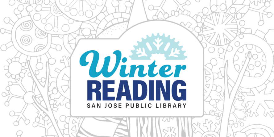 Snowy background. Text: Winter Reading - San Jose Public Library