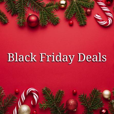 Red Background with evergreen leaves, candy canes, and red and gold ornaments. Text: Black Friday Deals