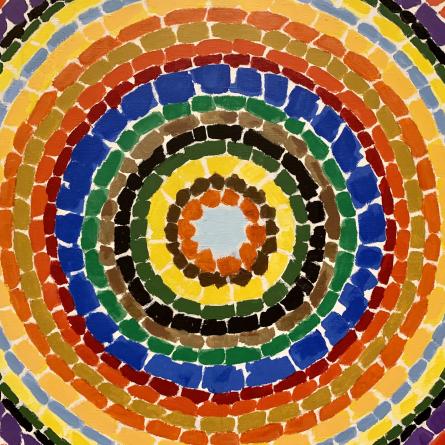 A rainbow of painted rectangles arranged in a circle. Alma Thomas painting.