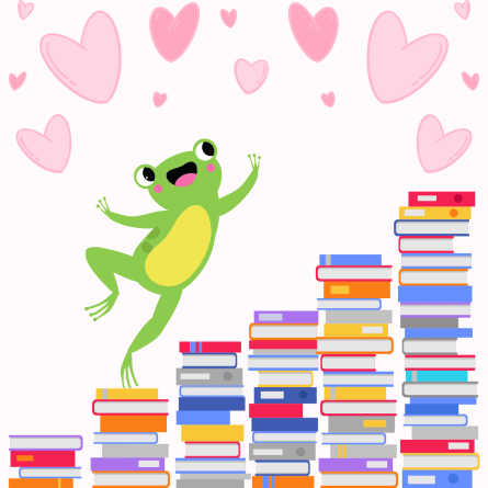 Happy little frog leaping up a staircase of books with hearts floating overhead.