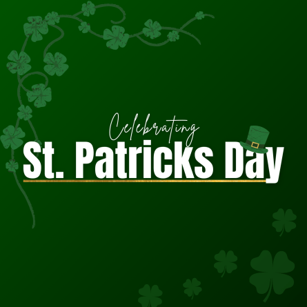 Shamrock border with a leprechaun ha on a rich, green backgroundt. Text: Celebrating St. Patrick's Day.