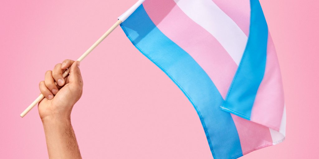 Person holding up a trans flag.