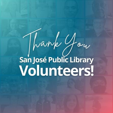 志工臉上的馬賽克圖案上覆蓋著青色和粉紅色。文字：謝謝你， San José Public Library 志工.