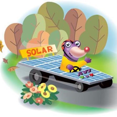 Drawing of an animal driving solar powered vehicle.