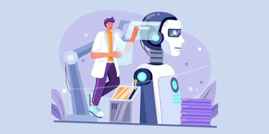 Illustration of scientist creating human like robot.
