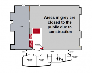Floor map of the Redmond Library. The areas in gray are closed to the public during construction: main library area, computer area, collection, study rooms. These spaces are open regular hours during construction: lobby, holds pickup, check-out desk, meeting rooms, public restrooms, and conference room.
