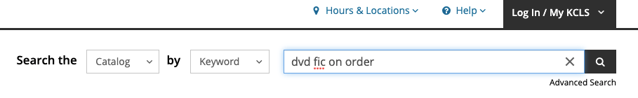 Enter "dvd fic on order" in the search box at the top right side of the website. Search setting are set to search the catalog by keyword.