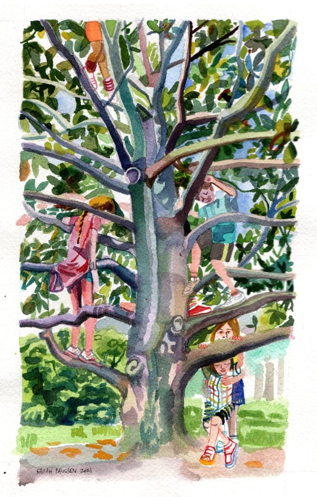 Community Tree Climbing, Watercolor on Paper, 2021. 