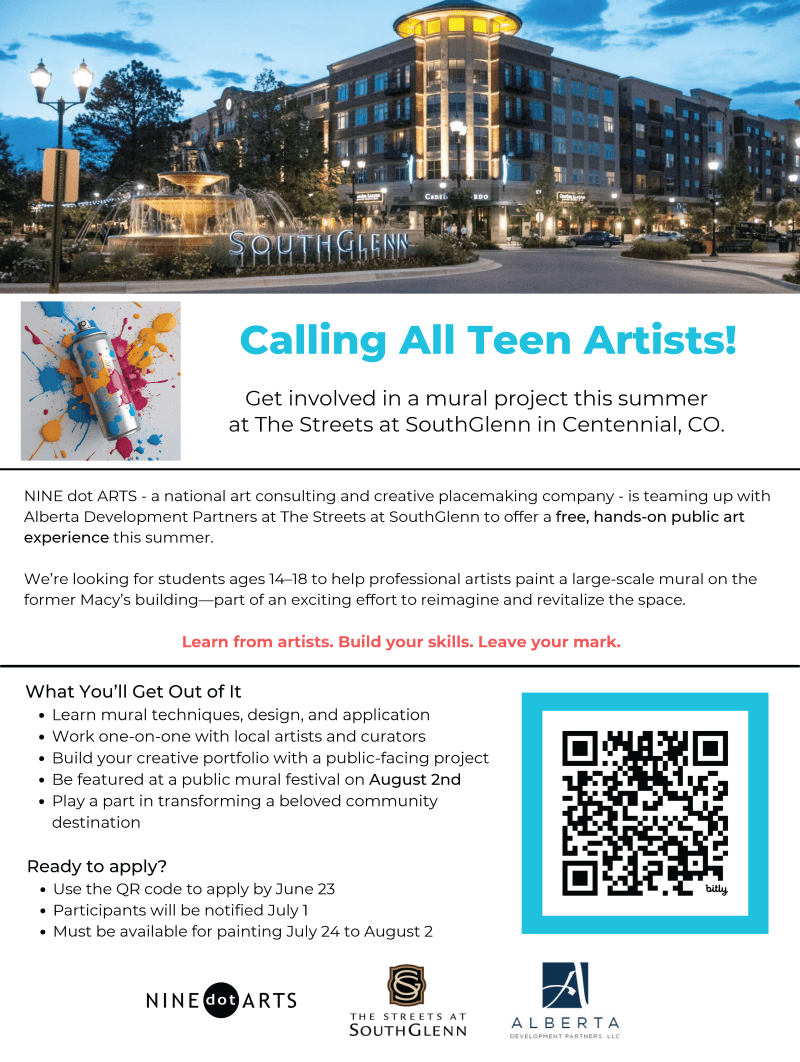 Teen art mural project at Streets of Southglenn in Centennial. Apply by June 23 via Google form.