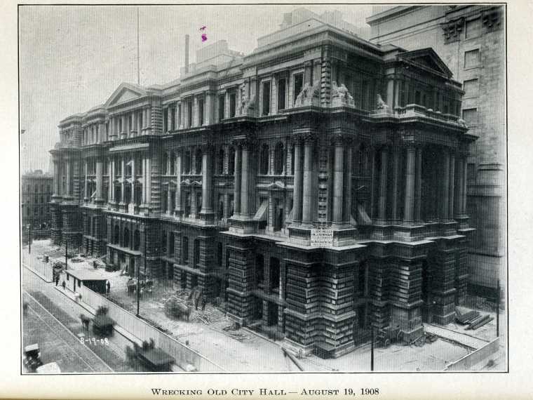 Picture of Old City Hall Caption Reads: "Wreaking of Old City Hall April 19 1908"