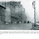 Caption reads: "A fall day in 1911 on Michigan Avenue, looking north from Harrison Street. The Annex had not yet been added to the Congress Hotel. The houses on the left were the homes W. Blair, Ira Holmes and Geo. C. Walker"