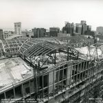 View looking southeast, showing construction of Winter Garden, 1990 June 27. Source: Chicago Public Library Archives. Harold Washington Library Center Construction Photographs. Peter Fish Studio, Chicago.
