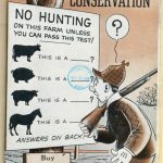 Magazine cover reads "Illinois Conservation, fall issue 1944," with drawing of man reading sign saying "No hunting on this farm unless you can pass this test," with pictures of farm animals and "answers on back." Additional sign reads "buy war bonds and stamps."