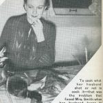 Photo of woman with game on table. Text reads "To cook what her husband shot or not to cook it--that was the problem that faced Mrs. Smith when her husband began to dump dead game on her kitchen table. In this article she tells entertainingly what she did and the fun she had doing it."
