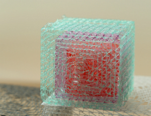 3D-printed cube made of aqua mesh with purple and red elements inside