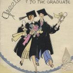 woman and man in graduation cops and gowns walk arm in arm holding flowers and diplomas