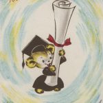 cartoon mouse wearing graduation cap and gown and holding oversize scroll tied wih ribbon