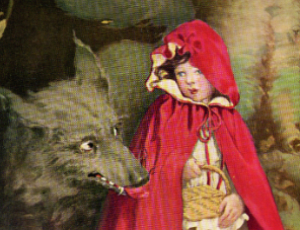 Illustration of Little Red Riding Hood with the Big Bad Wolf