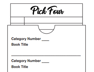 Pick Four board with spaces for category numbers and corresponding book titles