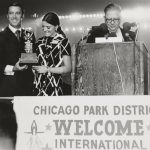 Anne Burke and a colleague accept an award for their participation in organizing the Special Olympics, 1970. Source: Chicago Park District Records: Photographs, Special Collections, Image 125_015_004.
