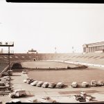 Construction of the track at Soldier Field for the 1959 Pan-American Games. Source: Special Collections, Chicago Park District Records: Photographic Negatives, 033_003_001