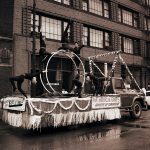 A Chicago Park District float for the Pan-American Games parade, Illinois & Clark Streets. Source: Special Collections, Chicago Park District Records: Photographic Negatives, 033_012_001
