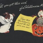 puppy dressed in ghost costume, owl sitting on jack-o-lantern