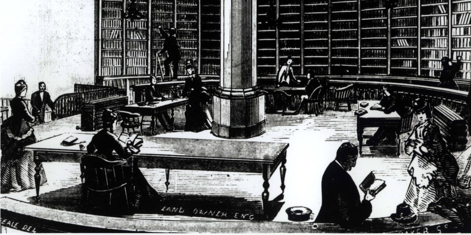 Illustration of people using library