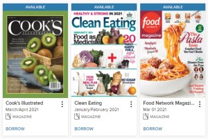 A sample of the cooking magazines available in OverDrive: Cook's Illustrated, Clean Eating, Food Network Magazine.