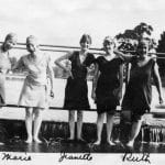 Five members of the Girls' Patriotic Service League in bathing suits at Portage Park.