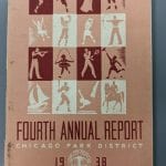 Cover to the bound report shows silhouette figures of athletes competing in different sports in pink, white, and red colors.