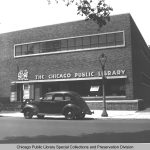 A WPA-style library building in black and white.
