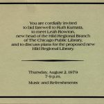 Invitation to bid farewell to Ruth Kumata, meet new head Leah Rowton, and discuss plans for the new Hild Library. Thursday, August 2, 1979