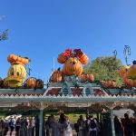 Disney characters made out of pumpkins at the Disneyland entrance