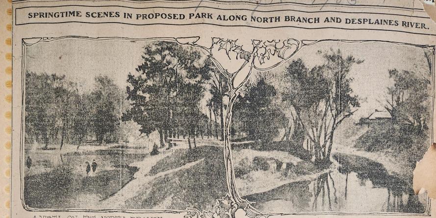 Two news clippings showing views of the Des Plaines River and North Branch of the Chicago River. An article describes the Irving Park Woman's Club "advocating the building of a drive north from Diversey Boulevard along the banks of the Chicago River to Des Plaines, thence across country to the Des Plaines River" and following the river south to the village of Riverside. It states that many people already use this route and the drives could be created without significant expense.