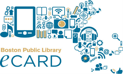 Boston Public Library e Card logo and link to sign up