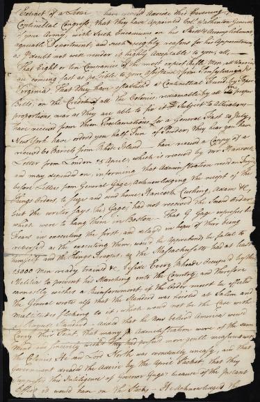 The beginning of the letter reads, "…have receiv'd advice this evening from the Continental Congress, that they have appointed Col. Washington General of your army…" The letter continues to discuss the transition that will occur following George Washington’s appointment.