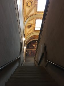 A sandstone stairway leads to the Sargent Gallery on the third floor of the McKim Building.