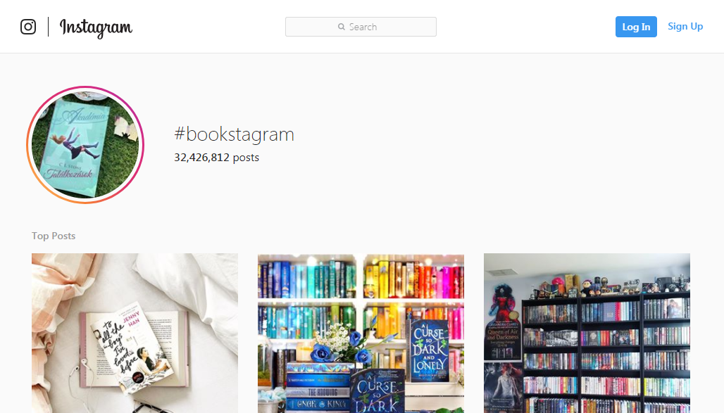 A screenshot of popular Instagram posts tagged with the hashtag #bookstagram on the social media site Instagram.com