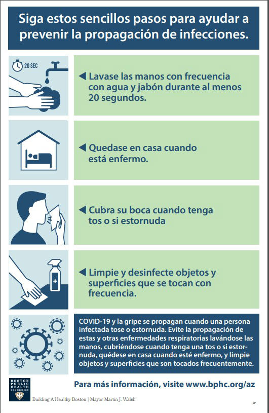 Siga estos sencillos pasos para ayudar a prevenir la propagación de infecciones.  Lavase las manos con frecuencia con agua y jabón durante al menos 20 segundos.  Quedase en casa cuando está enfermo.  Cubra su boca cuando tenga tos o si estornuda  Limpie y desinfecte objetos y super cies que se tocan con frecuencia. COVID-19 y la gripe se propagan cuando una persona infectada tose o estornuda. Evite la propagación de estas y otras enfermedades respiratorias lavándose las manos, cubriéndose cuando tenga una tos o si estornuda, quédese en casa cuando esté enfermo, y limpie objetos y super cies que son tocados frecuentemente. Para más información, visite www.bphc.org/az