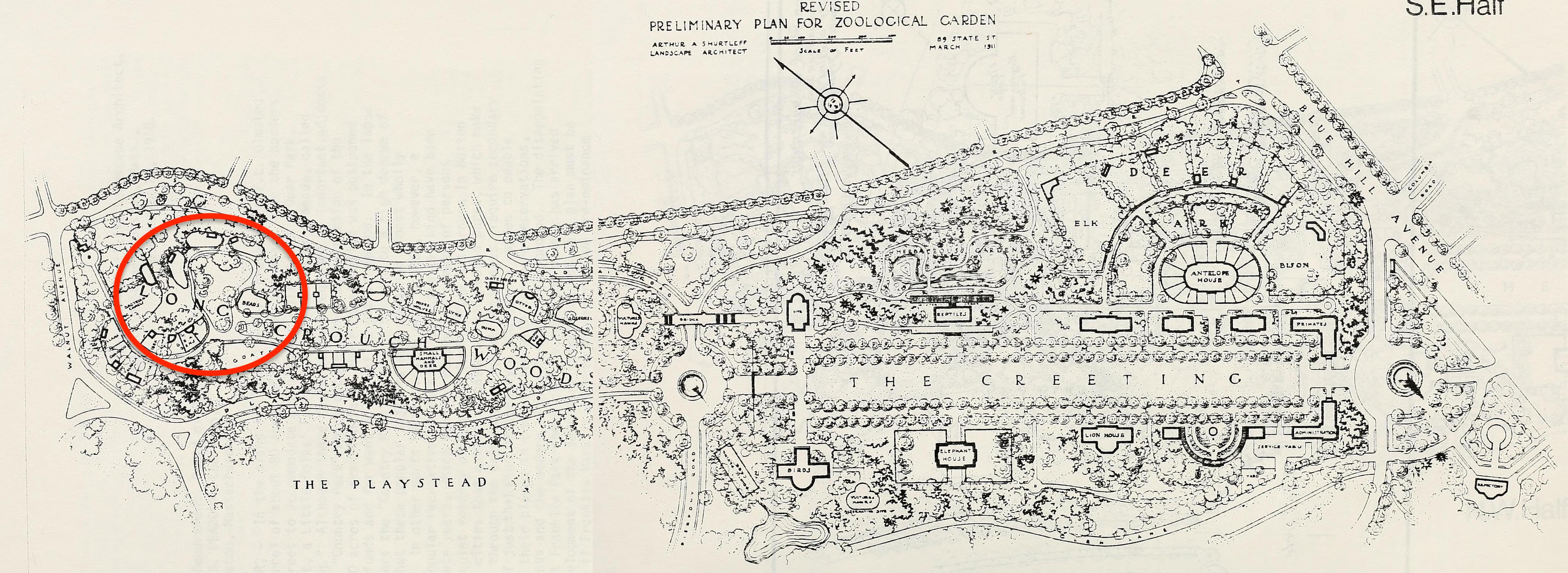 Arthur Shurtleff's 1911 plan for the Franklin Park Zoo, showing the location of the bear enclosures in the northwest portion.