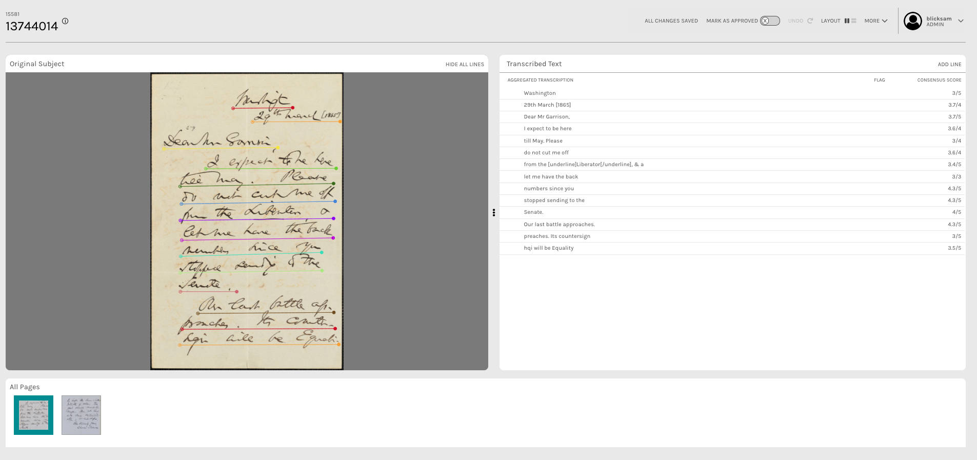 This image shows a handwritten document on the left, with different with different colored lines underneath each line of text. On the right is a line by line transcription of the document.