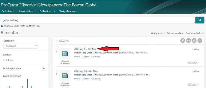 Image of search results page in Boston Globe database, with arrow pointing out where to click to access an article.