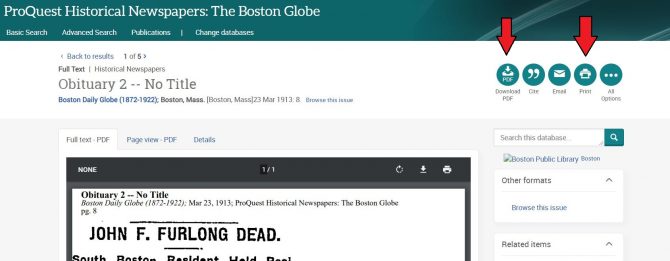 Image of article in Boston Globe database, with arrows pointing out where to click in order to save or print the article.