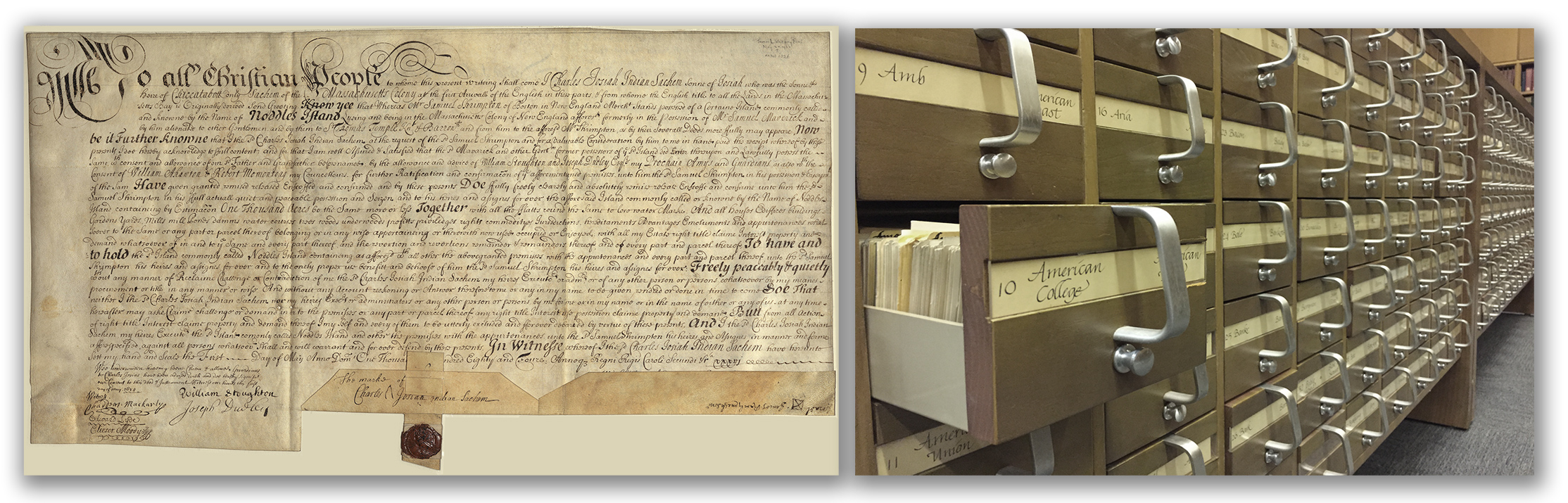 Above left, the 1684 deed to East Boston, from Charles Josiah Wompatuck to Samuel Shrimpton; above right, the BPL catalog card file, which, until this project, was the only available tool for locating it