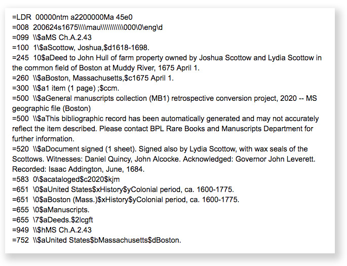 MARC data file showing information in different fields