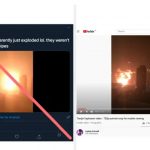 This image shows two photos side-by-side. On the left is an image of a Twitter post. The tweet is of a video. The image on the video shows an explosion near a tall building at nighttime. The caption to this video says "the 3rd precinct just exploded lol. they weren't lying about the gas pipes". The video had 49K views and was published at 1:25AM on May 29, 2020 from Twitter. It was retweeted 353 times and had 1K likes. this image, of the tweet, has a red diagonal line over it, indicating that it is false. The image on the right is a still shot from a YouTube video with what appears to be the same image of the explosion near a tall building at night. The video is called "Tianjin Explosion video - 720p portrait crop for mobile viewing." It was published on August 18, 2015 and has over 600,000 views.