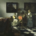 Painting of a woman at a piano, a man seated in the middle, and a woman to the right about to break into song.